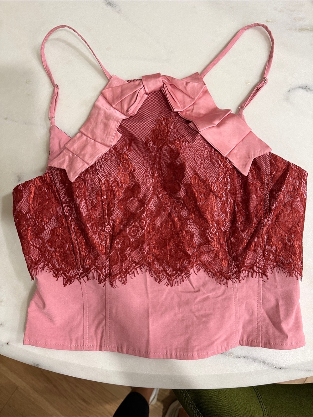 Maeve Pink and Red Lace Bow-Trim Cami Top